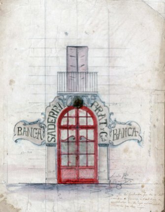 Projecte de la façana de la sucursal de la banca Saderra, Prat y Compañía, a Banyoles, 1916