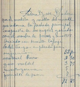 Esborrany de la factura d'una escultura per a Josep Saderra, 1.1.1916 (ACGAX. Fons: Sadurní Brunet Pi. Dietaris)