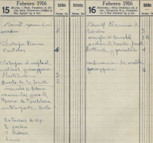 Anotacions de diferents treballs a la casa Hostench, 15.2.1916 (ACGAX. Fons Sadurní Brunet Pi. Dietaris)