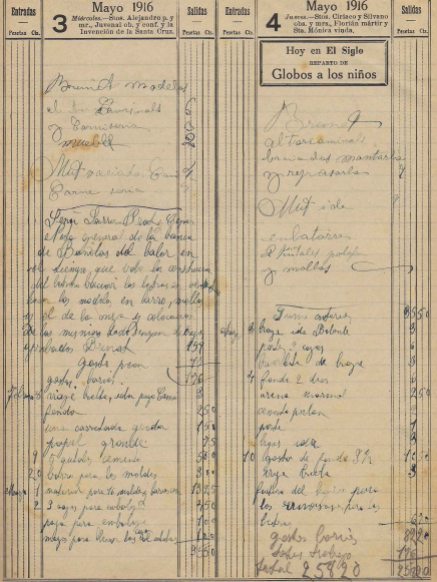 Esborrany de la factura relacionada amb la reforma de la banca Saderra, Prat y Compañía, a Banyoles, 3.5.1916 (ACGAX. Fons Sadurní Brunet Pi. Dietaris)