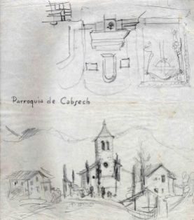 Dibuix de l'església de Sant Martí de Capsec, a la Vall de Bianya, entre els anys 1944 i 1948