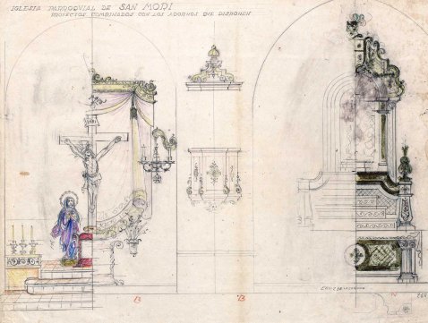 Projectes decoratius dels altars del Sant Crist i de la Puríssima de l'església de Sant Maurici, a Sant Mori, 1946