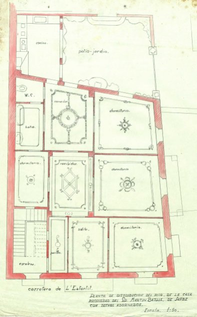 Plànol del projecte de reforma de la casa de Martí Batlle, a Jafre (distribució d'espais i ornaments del sostre), 1945