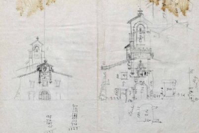 Esbós del projecte de reforma de la façana i del campanar del santuari de la Fontsanta, a Jafre, 1945