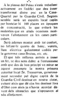 Notícia de la reforma de la caserna de la Guàrdia Civil ("La Comarca", 22.7.1916)