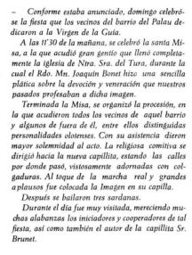 Notícia sobre la inauguració de la capelleta de la Verge de la Guia ("El Deber", 31.12.1915)