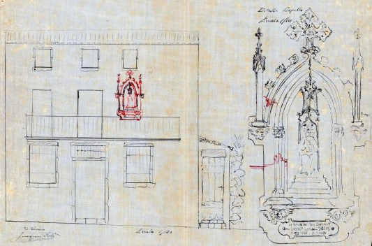 Plànol de la façana de la casa del carrer de Sant Bernat, 21, a Olot, amb el detall ampliat de la capelleta de Sagrat Cor, 1921 (ACGAX. Fons Ajuntament d’Olot. Expedient de llicència d’obres)