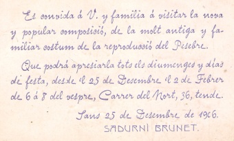 Targeta d'invitació per visitar el pessebre instal·lat al domicili del carrer del Nord, a Barcelona, 1906