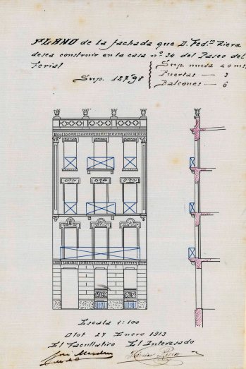 Plànol de la façana de la casa Riera, 1913 (ACGAX. Fons Ajuntament d’Olot. Expedient de llicència d’obres)