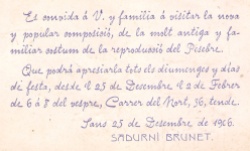 Targeta d’invitació per visitar el pessebre instal·lat al domicili del carrer del Nord, a Barcelona, 1906