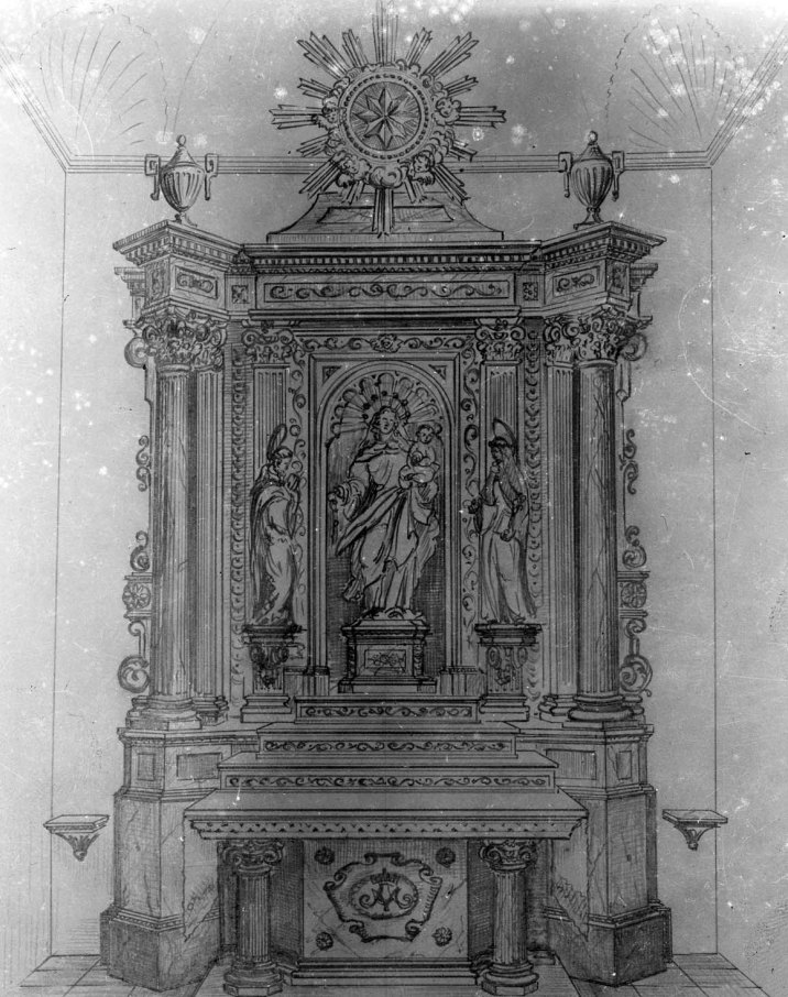 Reproducció de l’altar del Roser de l'església de Santa Maria de Sales, a la Cellera de Ter, 1947 (ACGAX. Fons Sadurní Brunet Pi. Autor: Sadurní Brunet)