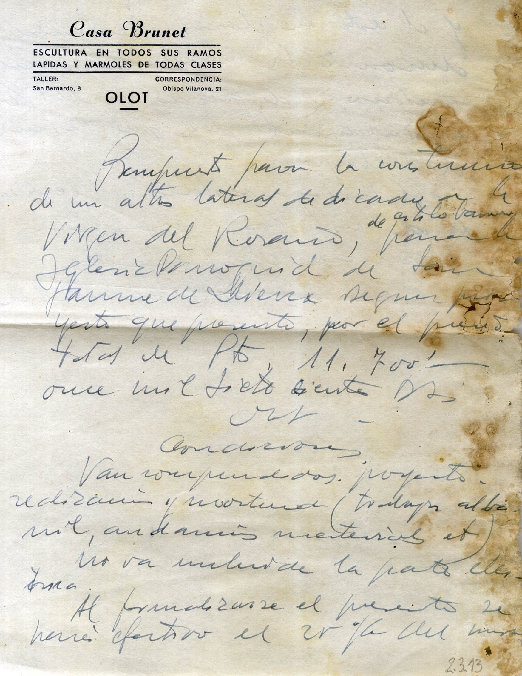 Reproducció d'una carta manuscrita de Sadurní Brunet adreçada a la parròquia de Sant Jaume de Llierca