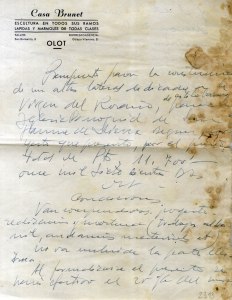 Reproducció d'una carta manuscrita de Sadurní Brunet adreçada a la parròquia de Sant Jaume de Llierca