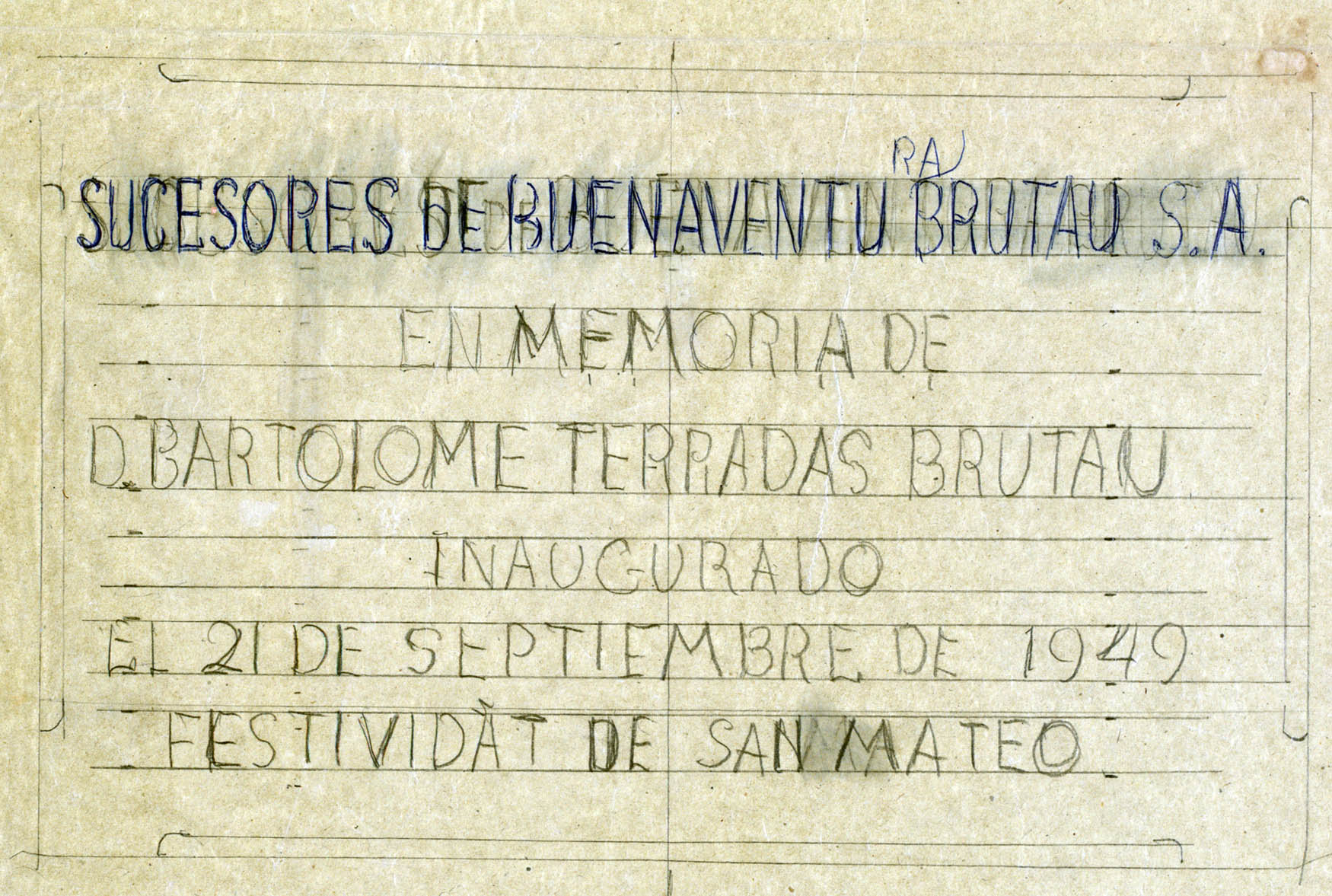 Esbós d'una placa en memòria de Bartomeu Terrades Brutau
